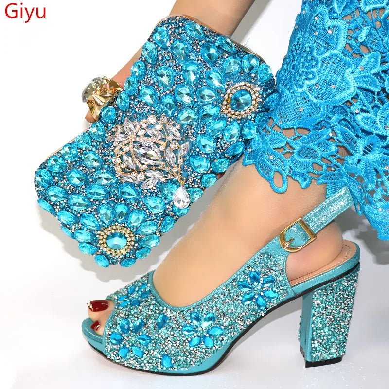 Patapata# ! doershow Italian sky blue Shoes with Matching Bags Sets Decorated with Rhinestone Women Shoes and Bags To Match Set ! SJL1-6