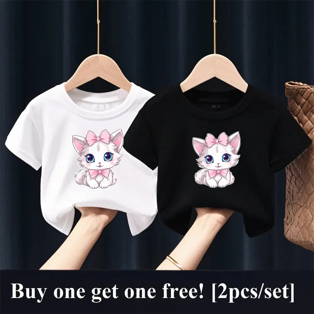 Patapata# ! 2pcs Girls Fashion Summer T Shirt Cute Pink Cat Print T-Shirt Kids Short Sleeve Sister Matching Outfit Tops