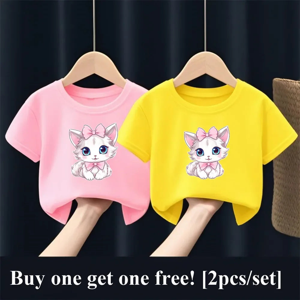 Patapata# ! 2pcs Girls Fashion Summer T Shirt Cute Pink Cat Print T-Shirt Kids Short Sleeve Sister Matching Outfit Tops