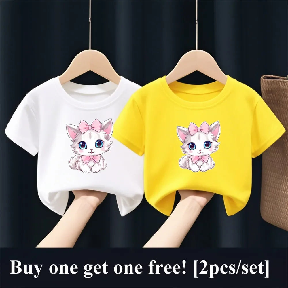 Patapata# ! 2pcs Girls Fashion Summer T Shirt Cute Pink Cat Print T-Shirt Kids Short Sleeve Sister Matching Outfit Tops