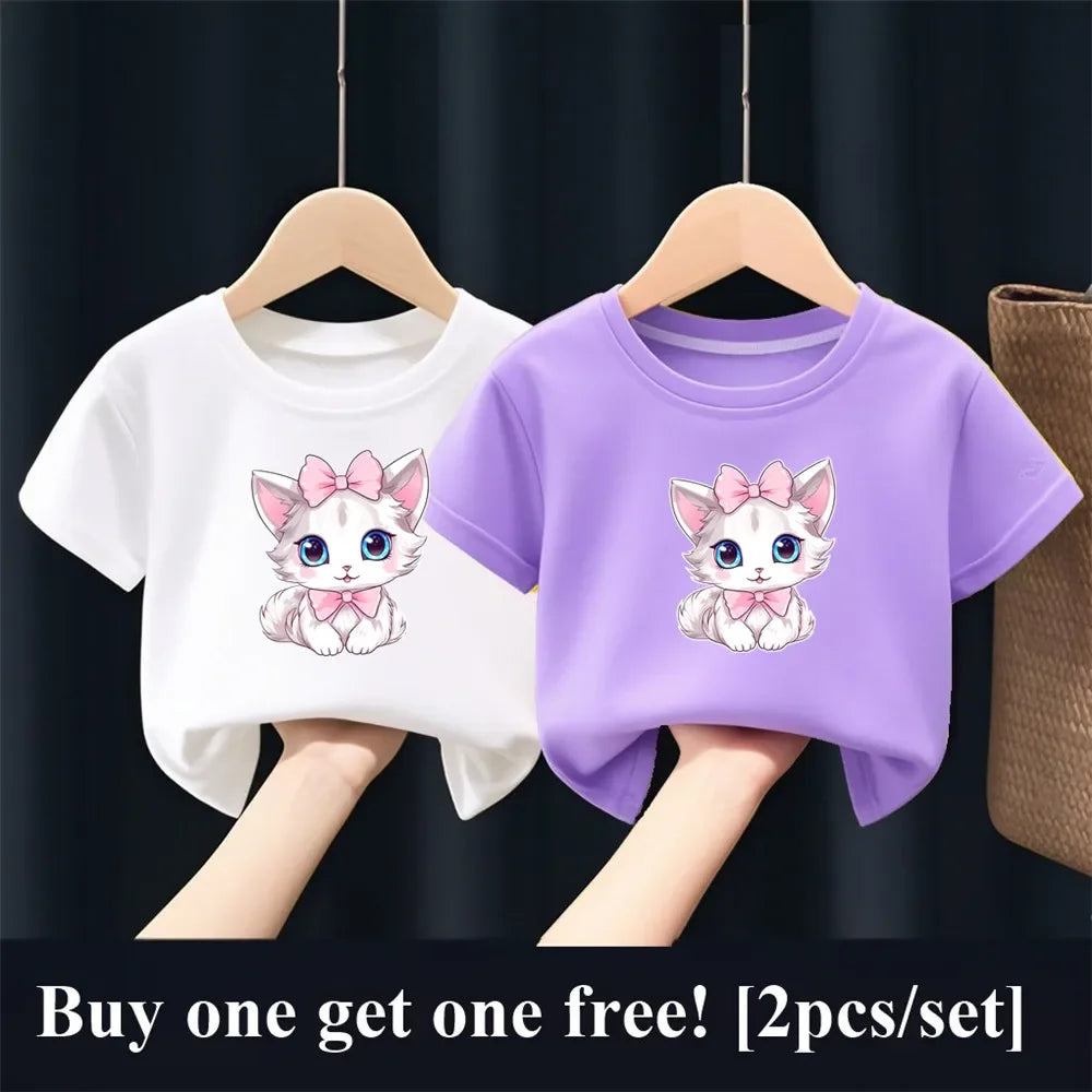 Patapata# ! 2pcs Girls Fashion Summer T Shirt Cute Pink Cat Print T-Shirt Kids Short Sleeve Sister Matching Outfit Tops