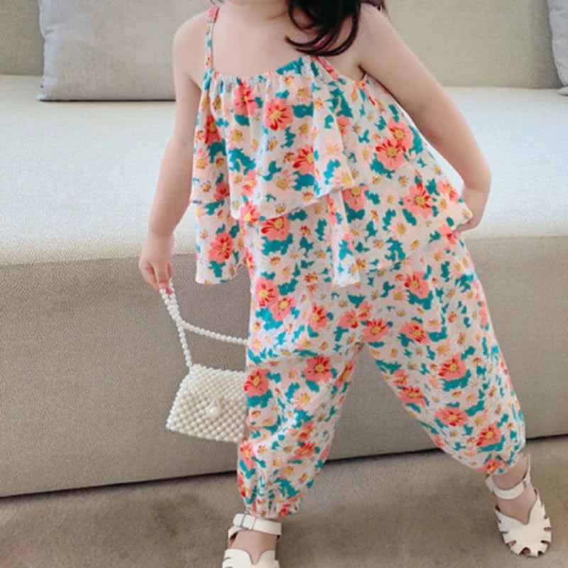 Patapata# ! 2025 Summer New baby Girls' Suits Cute Floral Vest And Anti-Mosquito Pants Children Clothing Sets Fashion Kids Outfit