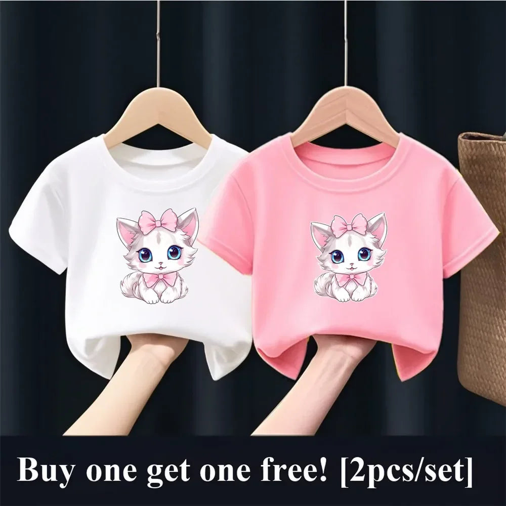 Patapata# ! 2pcs Girls Fashion Summer T Shirt Cute Pink Cat Print T-Shirt Kids Short Sleeve Sister Matching Outfit Tops