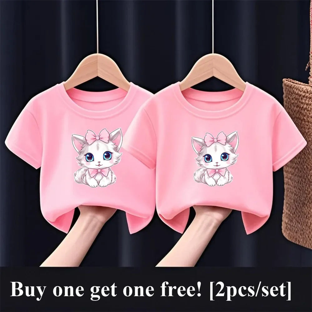 Patapata# ! 2pcs Girls Fashion Summer T Shirt Cute Pink Cat Print T-Shirt Kids Short Sleeve Sister Matching Outfit Tops