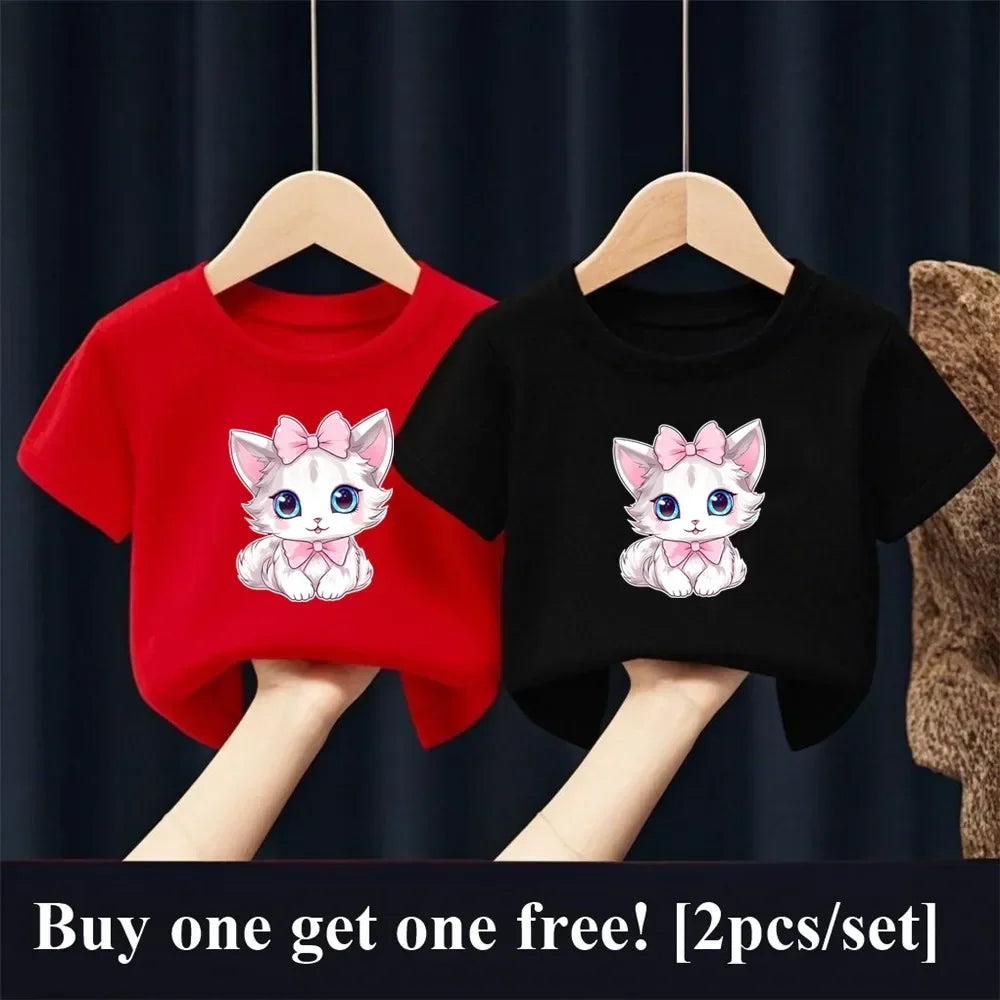Patapata# ! 2pcs Girls Fashion Summer T Shirt Cute Pink Cat Print T-Shirt Kids Short Sleeve Sister Matching Outfit Tops