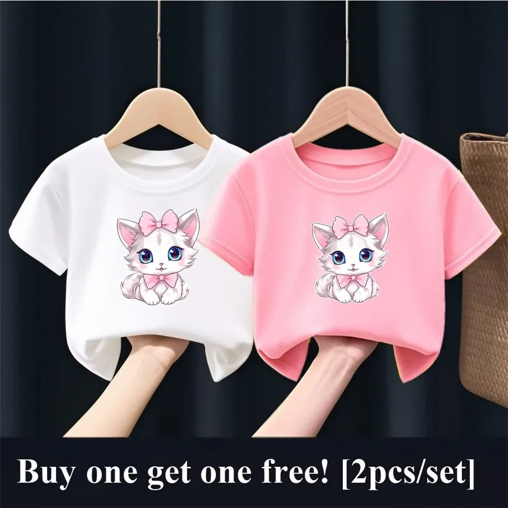 Patapata# ! 2pcs Girls Fashion Summer T Shirt Cute Pink Cat Print T-Shirt Kids Short Sleeve Sister Matching Outfit Tops