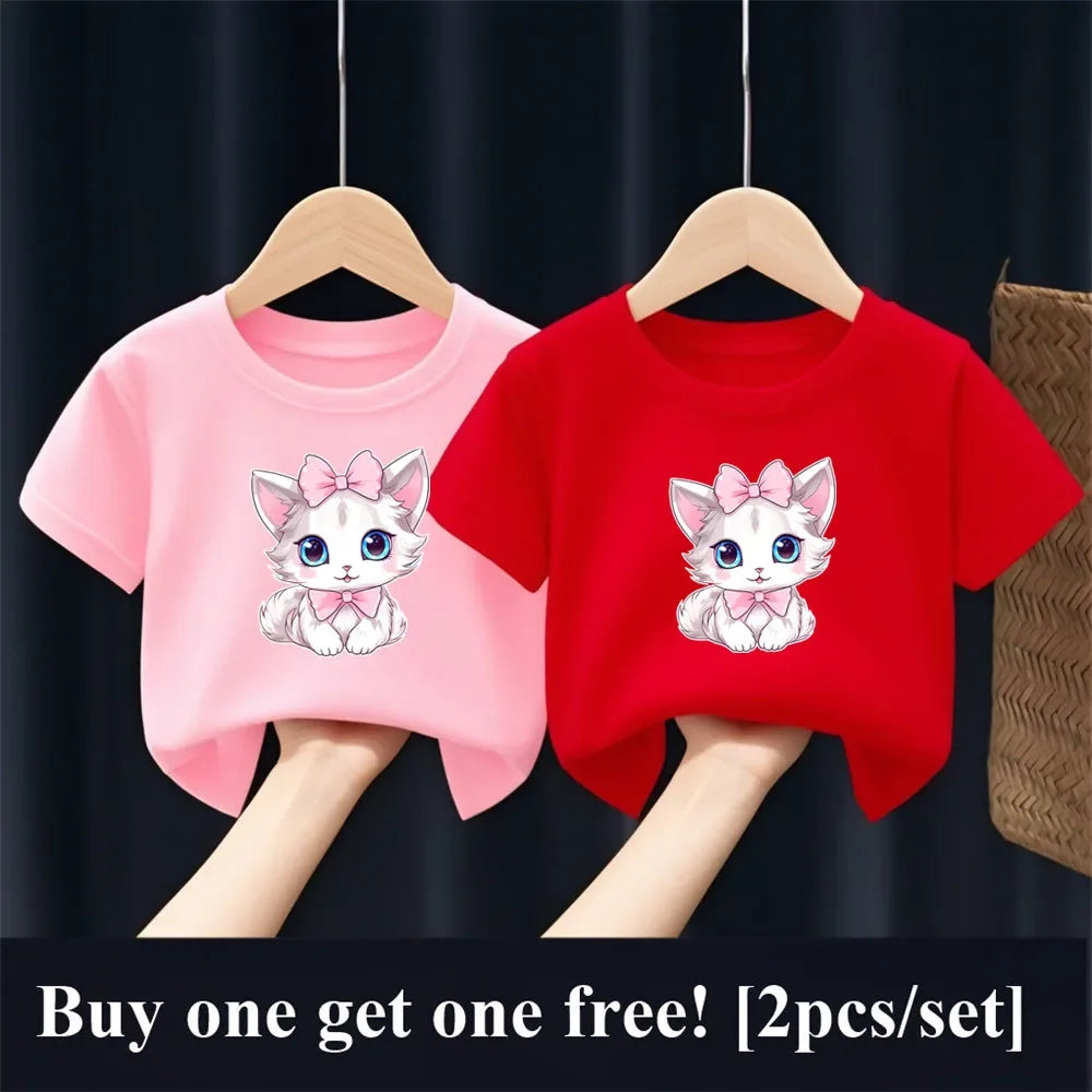 Patapata# ! 2pcs Girls Fashion Summer T Shirt Cute Pink Cat Print T-Shirt Kids Short Sleeve Sister Matching Outfit Tops