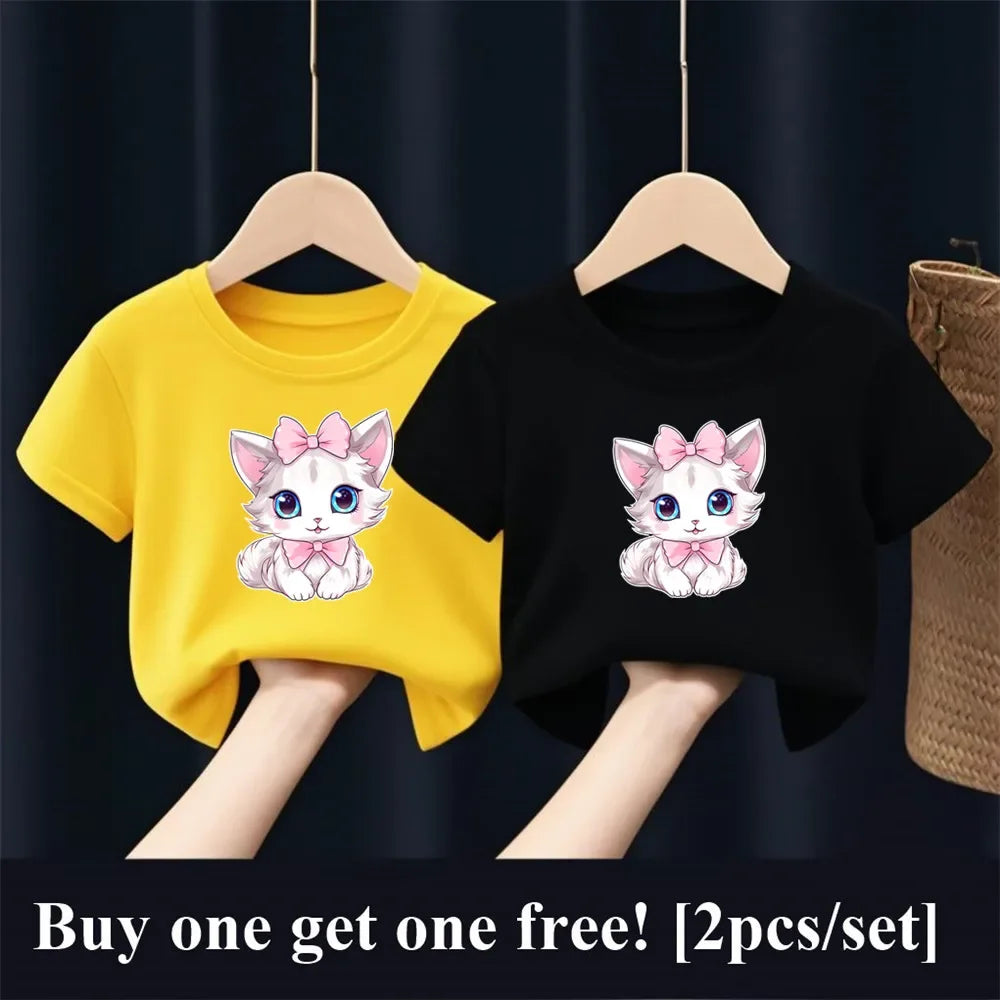 Patapata# ! 2pcs Girls Fashion Summer T Shirt Cute Pink Cat Print T-Shirt Kids Short Sleeve Sister Matching Outfit Tops