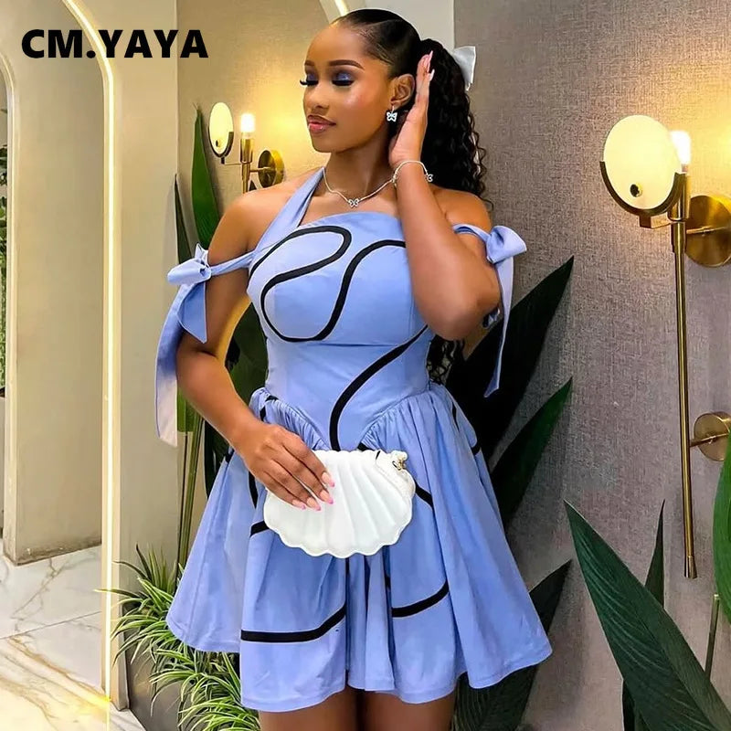 Patapata# ! CM.YAYA Summer Women Bowknot Shoulder Halter Neck Geometric Striped Big Swing Dress Streetwear Night Club Party Dresses Vestidos