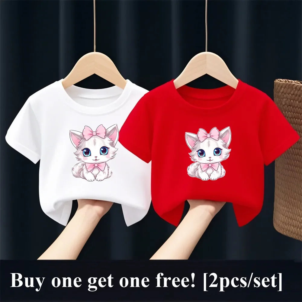 Patapata# ! 2pcs Girls Fashion Summer T Shirt Cute Pink Cat Print T-Shirt Kids Short Sleeve Sister Matching Outfit Tops