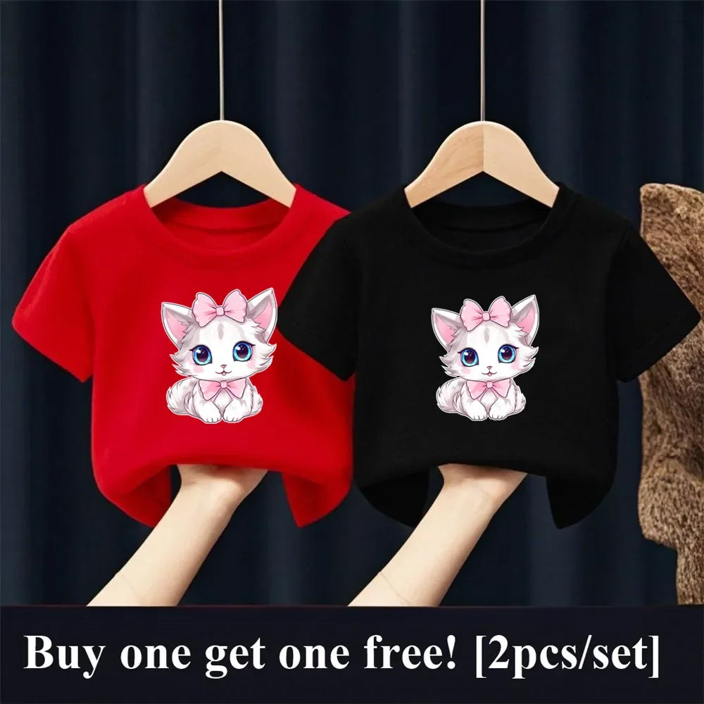 Patapata# ! 2pcs Girls Fashion Summer T Shirt Cute Pink Cat Print T-Shirt Kids Short Sleeve Sister Matching Outfit Tops