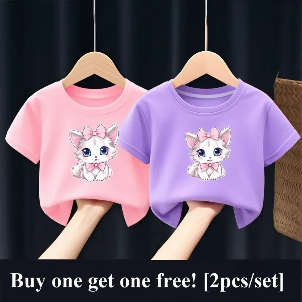 Patapata# ! 2pcs Girls Fashion Summer T Shirt Cute Pink Cat Print T-Shirt Kids Short Sleeve Sister Matching Outfit Tops