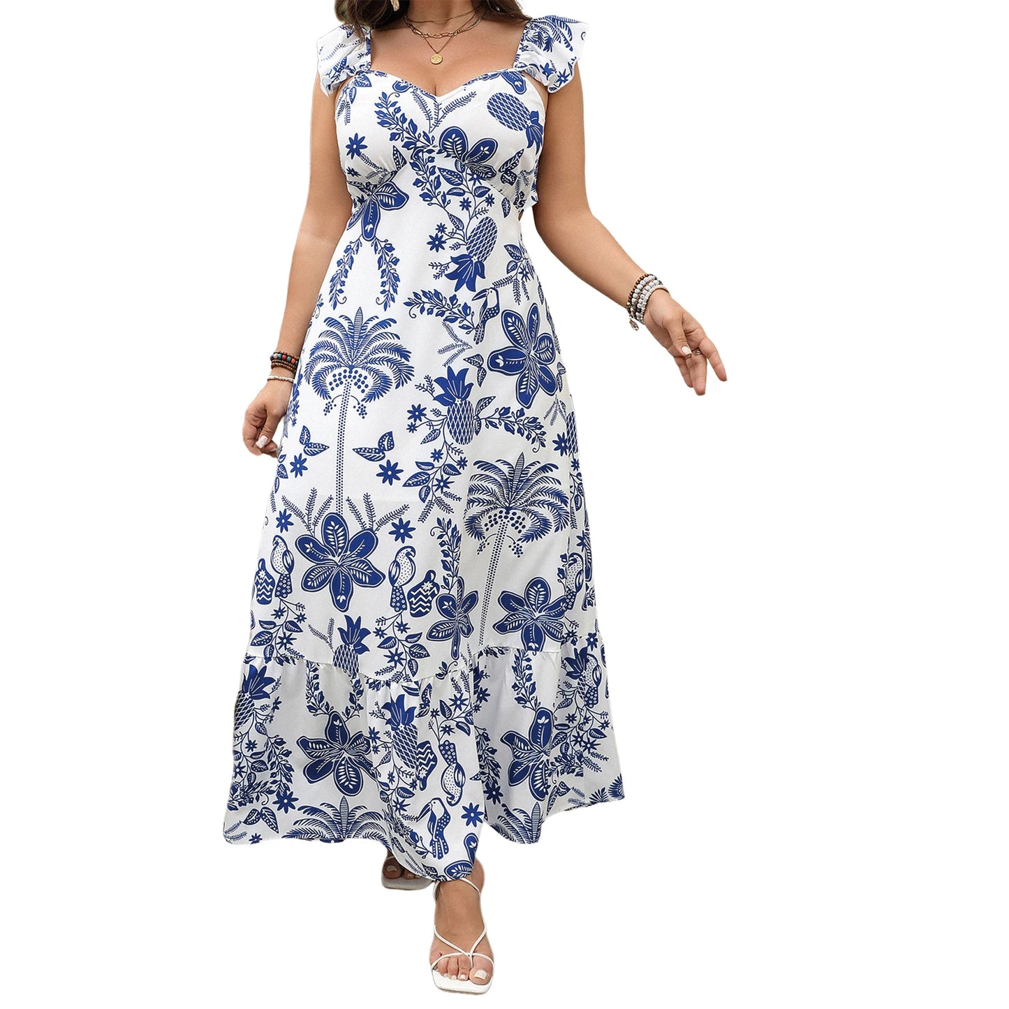 Patapata# ! Elegant Women s Summer Dress with Floral Print V Neckline Sleeveless Design and Backless Detail in Plus Size A-Line