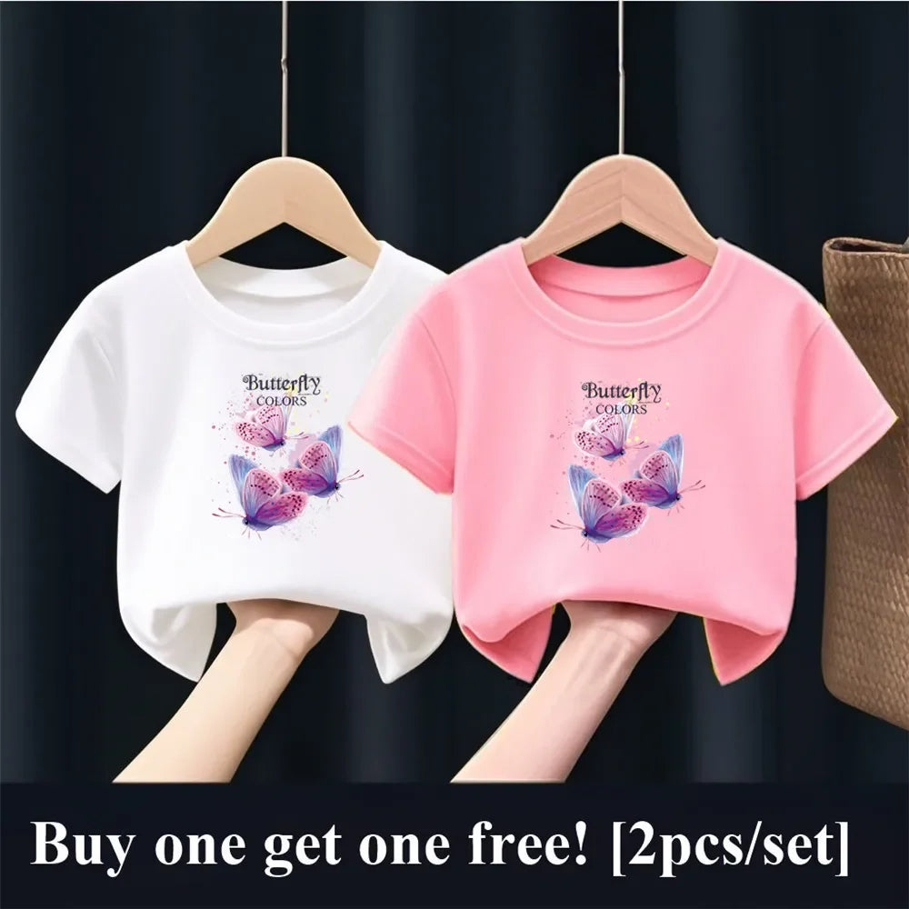 Patapata# ! 2pcs Girls Fashion Summer T Shirt Cute Pink Cat Print T-Shirt Kids Short Sleeve Sister Matching Outfit Tops