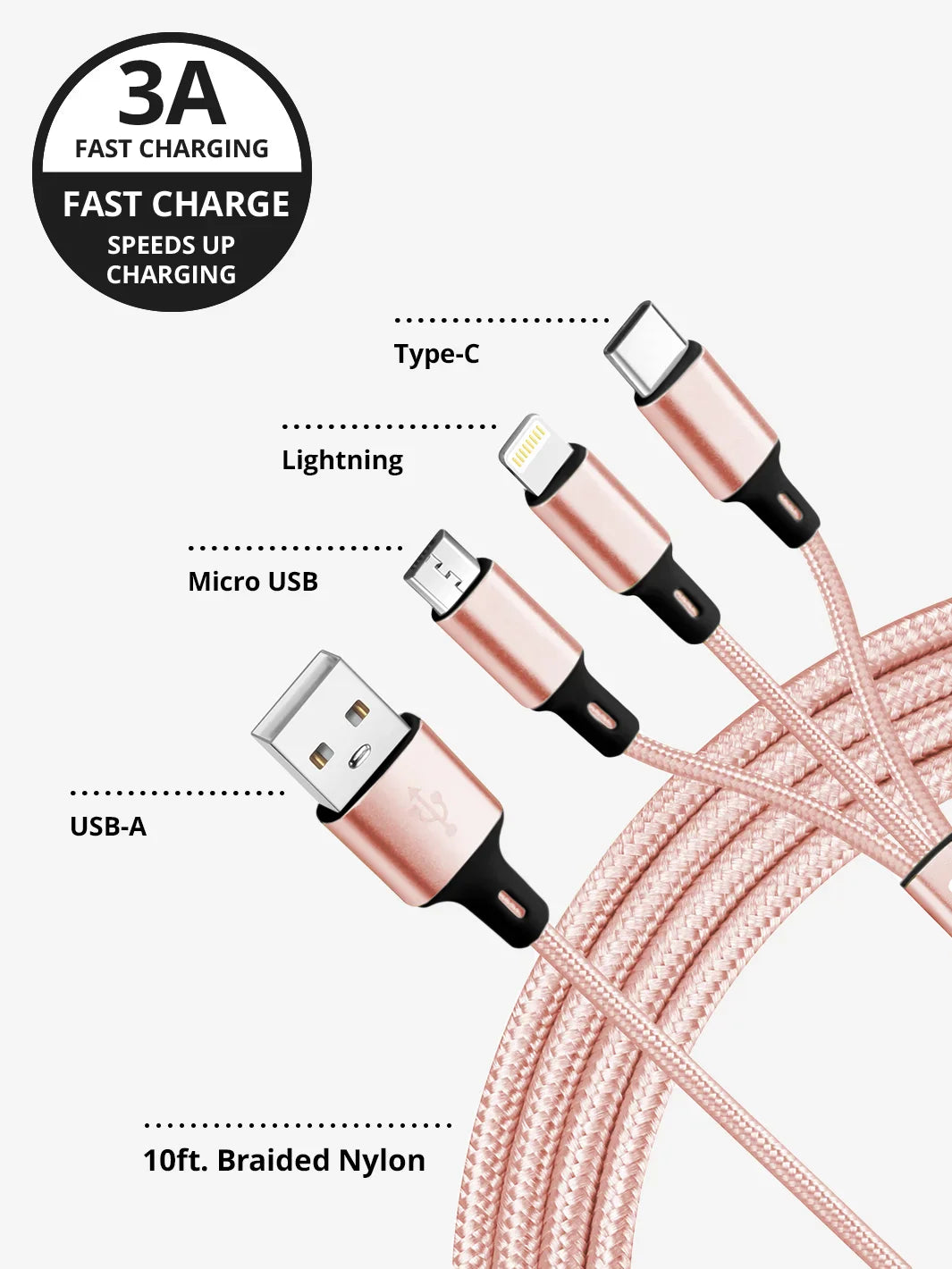 Patapata# Rose Gold 3-in-1 Fast Charging Cable (USB-A / USB-C / Lightning)