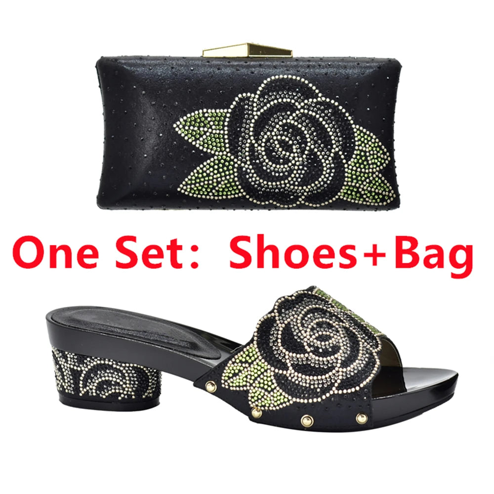 Patapata# ! Latest Design ItaliaBags Set Decorated with Rhinestone Bag and Shoes Set Italy Womens Dress Shoes Open Toe