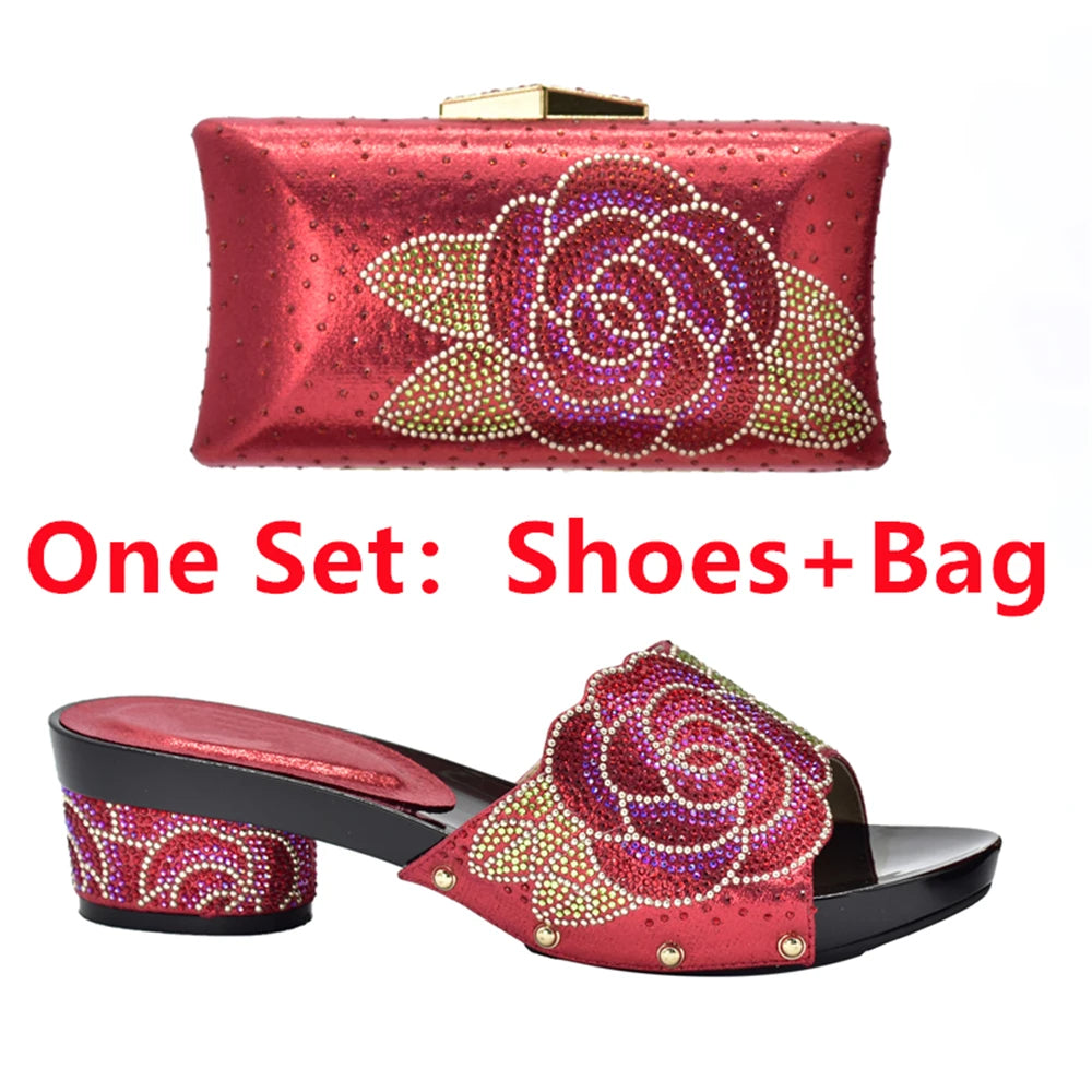 Patapata# ! Latest Design ItaliaBags Set Decorated with Rhinestone Bag and Shoes Set Italy Womens Dress Shoes Open Toe