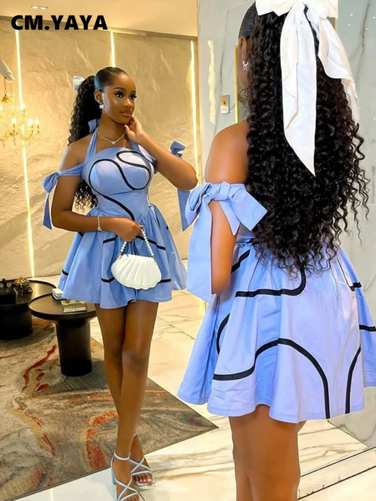 Patapata# ! CM.YAYA Summer Women Bowknot Shoulder Halter Neck Geometric Striped Big Swing Dress Streetwear Night Club Party Dresses Vestidos