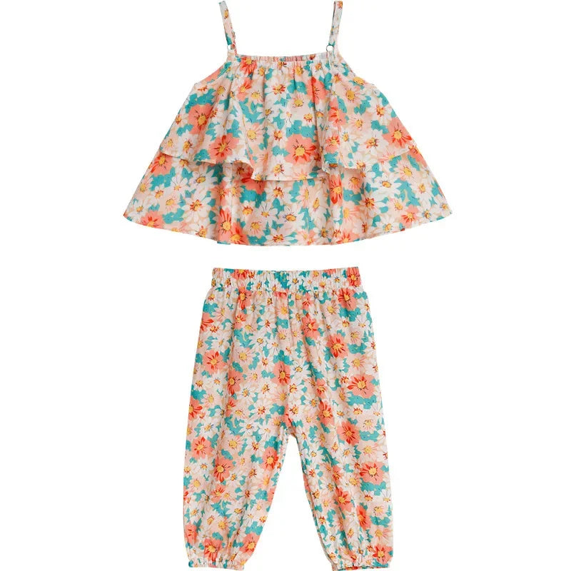 Patapata# ! 2025 Summer New baby Girls' Suits Cute Floral Vest And Anti-Mosquito Pants Children Clothing Sets Fashion Kids Outfit