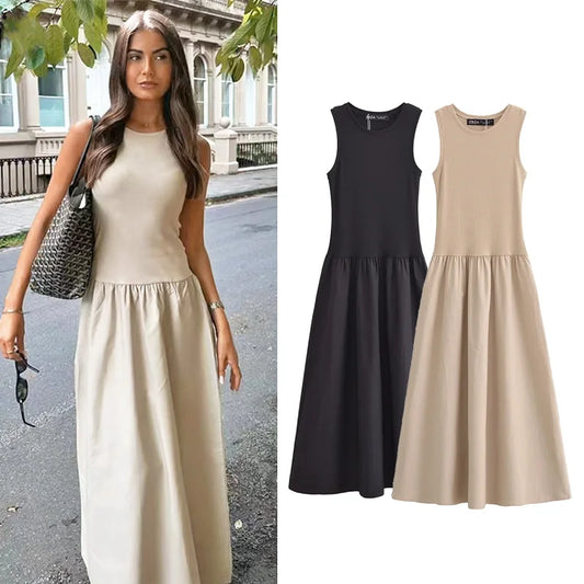Patapata# ! TRAF Khaki Elegant Long Dresses 2025 Women's Spring Sleeveless Black Dresses Fashion Casual Party Y2k Dress Vestidos For Female