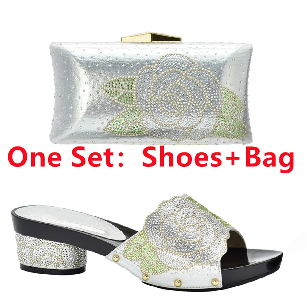 Patapata# ! Latest Design ItaliaBags Set Decorated with Rhinestone Bag and Shoes Set Italy Womens Dress Shoes Open Toe