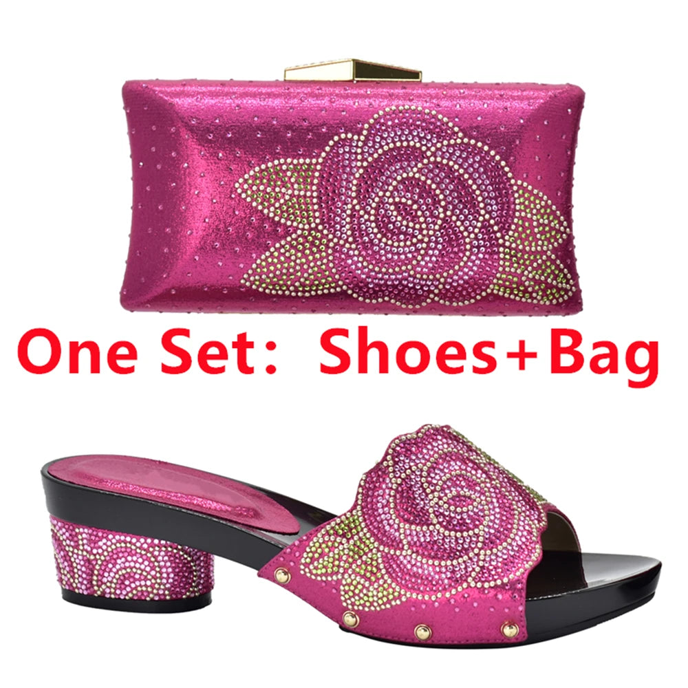 Patapata# ! Latest Design ItaliaBags Set Decorated with Rhinestone Bag and Shoes Set Italy Womens Dress Shoes Open Toe
