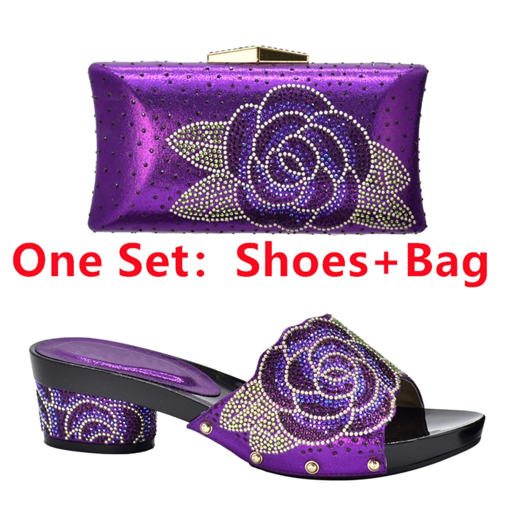 Patapata# ! Latest Design ItaliaBags Set Decorated with Rhinestone Bag and Shoes Set Italy Womens Dress Shoes Open Toe