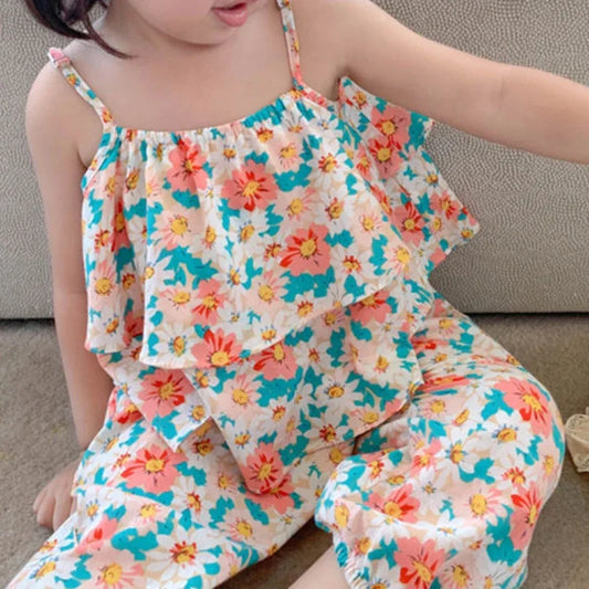 Patapata# ! 2025 Summer New baby Girls' Suits Cute Floral Vest And Anti-Mosquito Pants Children Clothing Sets Fashion Kids Outfit