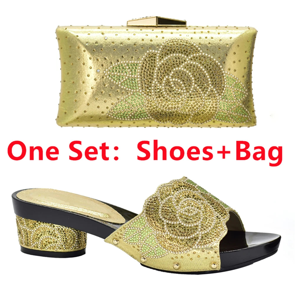 Patapata# ! Latest Design ItaliaBags Set Decorated with Rhinestone Bag and Shoes Set Italy Womens Dress Shoes Open Toe