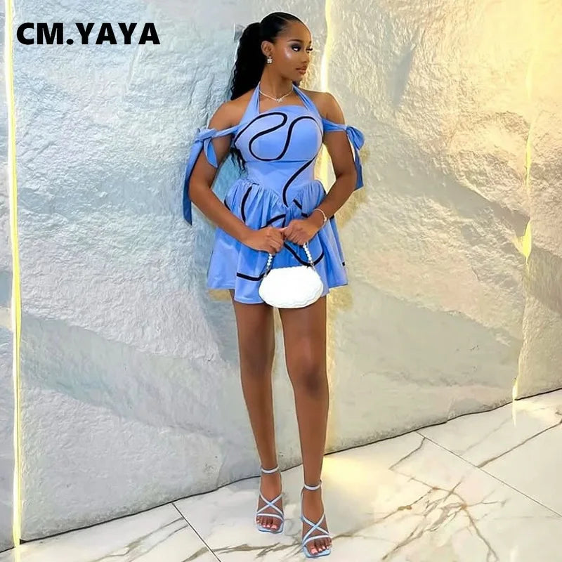Patapata# ! CM.YAYA Summer Women Bowknot Shoulder Halter Neck Geometric Striped Big Swing Dress Streetwear Night Club Party Dresses Vestidos